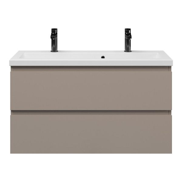 Bellanti Secca/Amelia ondiep badmeubel 100x36 2 softclose laden taupe greeploos keramische wastafel mat wit met 2 kraangaten