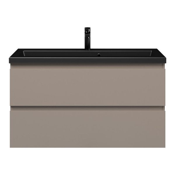 Bellanti Secca/Amelia ondiep badmeubel 100x36 2 softclose laden taupe greeploos keramische wastafel mat zwart met 1 kraangaten