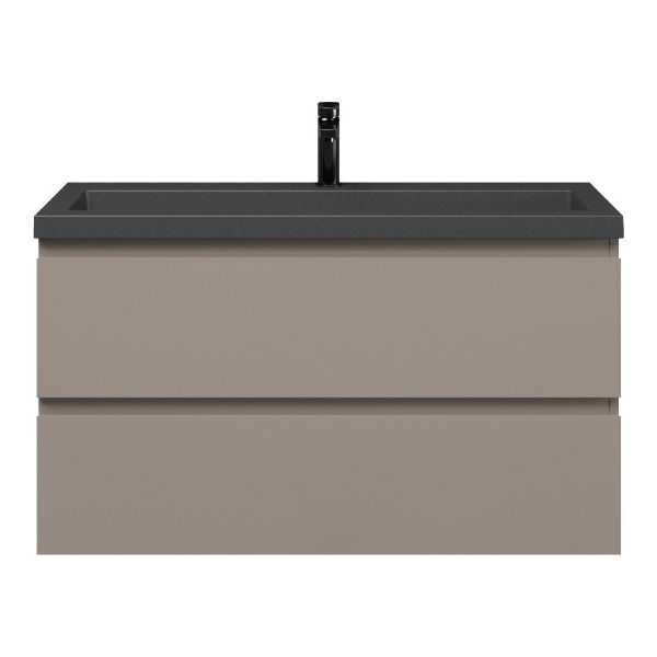 Bellanti Secca/Esta-Q ondiep badmeubel 100x36 2 softclose laden taupe greeploos met quartz wastafel mat grijs met 1 kraangat zonder overloop