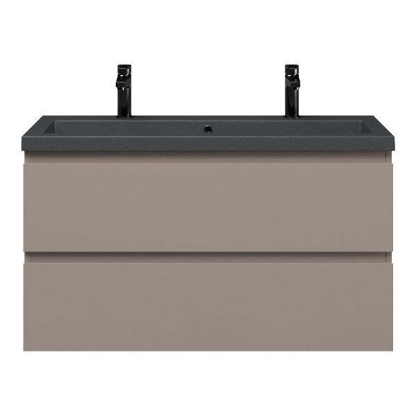 Bellanti Secca/Esta-Q ondiep badmeubel 100x36 2 softclose laden taupe greeploos met quartz wastafel mat grijs met 2 kraangaten met overloop