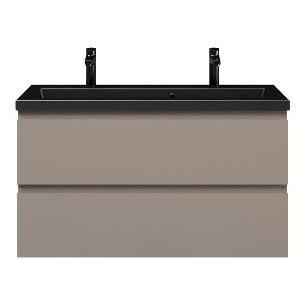 Bellanti Secca/Amelia ondiep badmeubel 100x36 2 softclose laden taupe greeploos keramische wastafel mat zwart met 2 kraangaten
