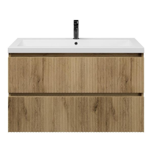Bellanti Silvan/Esta-Q badmeubel 100x46 2 softclose laden met ribbel - latjes structuur warm eiken greeploos quartz wastafel mat wit zonder kraangat