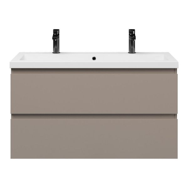 Bellanti Secca/Esta ondiep badmeubel 100x36 2 softclose laden taupe greeploos polystone wastafel wit met 2 kraangaten