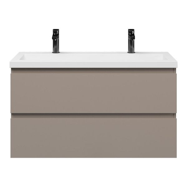 Bellanti Secca/Esta ondiep badmeubel 100x36 2 softclose laden taupe greeploos polystone wastafel wit met 2 kraangaten