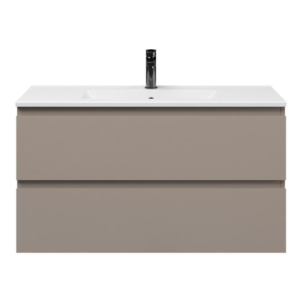 Bellanti Secca/Faro ondiep badmeubel 100x36 2 softclose laden taupe greeploos keramische wastafel wit met 1 kraangat