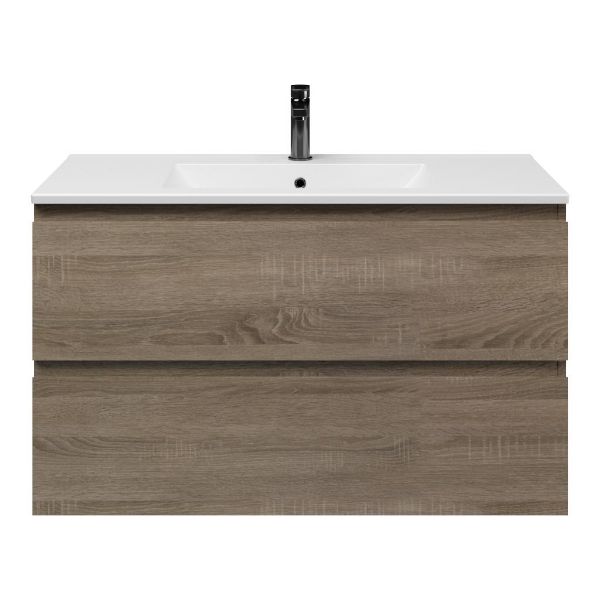Bellanti Elena/Faro badmeubel 100x46 2 softclose laden eiken donker greeploos keramische wastafel mat wit met 1 kraangat