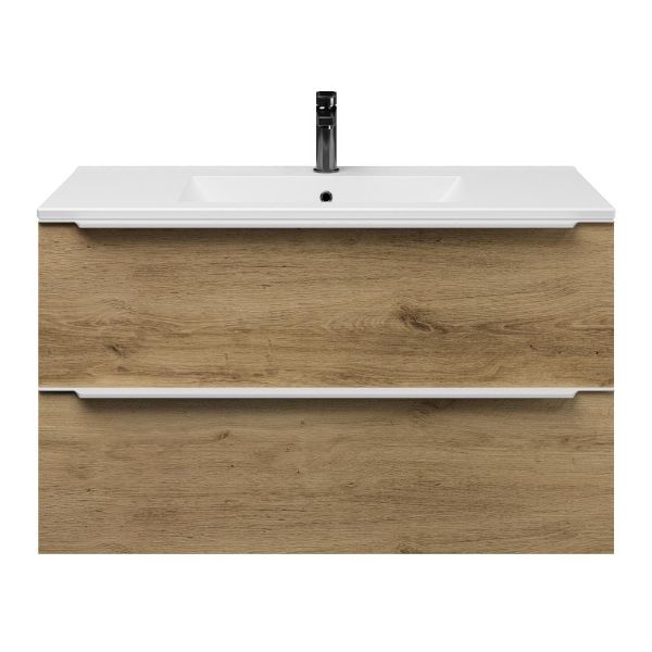 Bellanti Lucilla/Faro badmeubel 100x46 2 softclose laden warm eiken met greep naar keuze keramische wastafel mat wit met 1 kraangat
