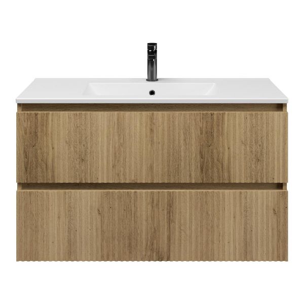 Bellanti Silvan/Faro badmeubel 100x46 2 softclose laden met ribbel - latjes structuur warm eiken greeploos keramische wastafel mat wit met 1 kraangat
