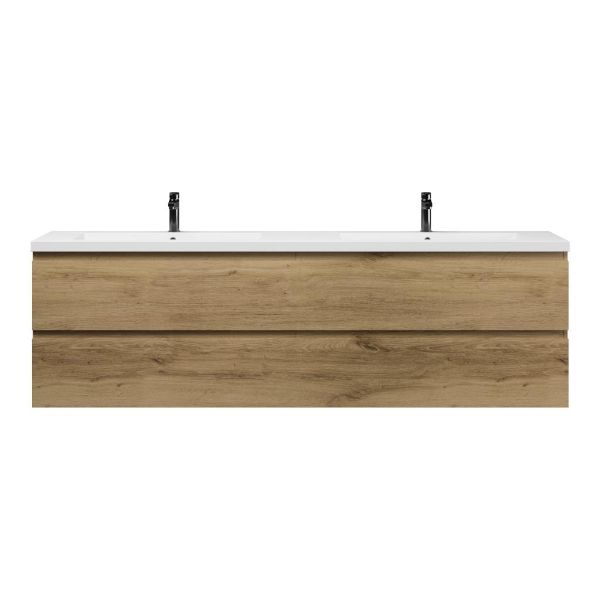 Bellanti Gisella/Esta badmeubel 200x46 4 softclose laden warm eiken greeploos polystone dubbele wastafel wit met 2 kraangaten
