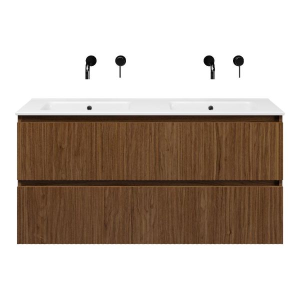 Bellanti Silvan/Etna badmeubel 120x46 2 softclose laden met ribbel - latjes structuur warm noten greeploos keramisch wastafel dubbel wit zonder kraangaten