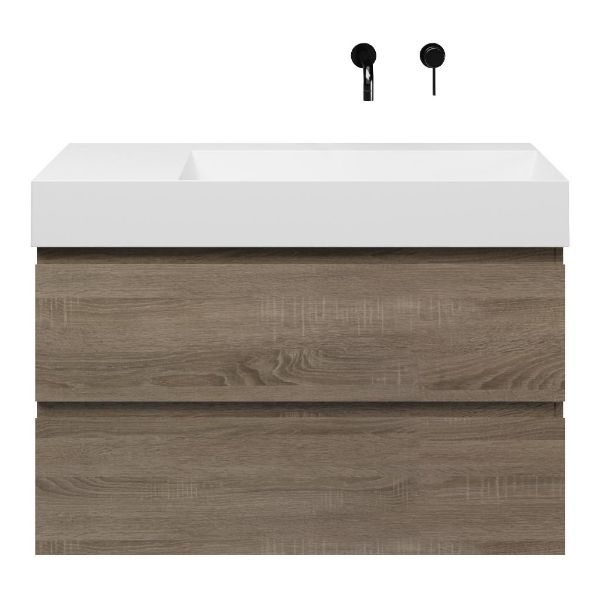 Bellanti Elena/Azzurra badmeubel 100x46 2 softclose laden eiken donker greeploos keramische wastafel rechts wit glans zonder kraangat