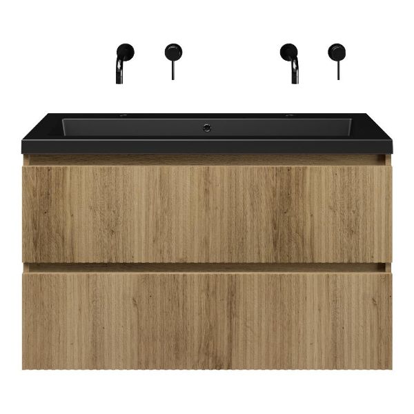 Bellanti Silvan/Esta badmeubel 100x46 2 softclose laden met ribbel - latjes structuur warm eiken greeploos polystone wastafel mat zwart met 2 kraangaten