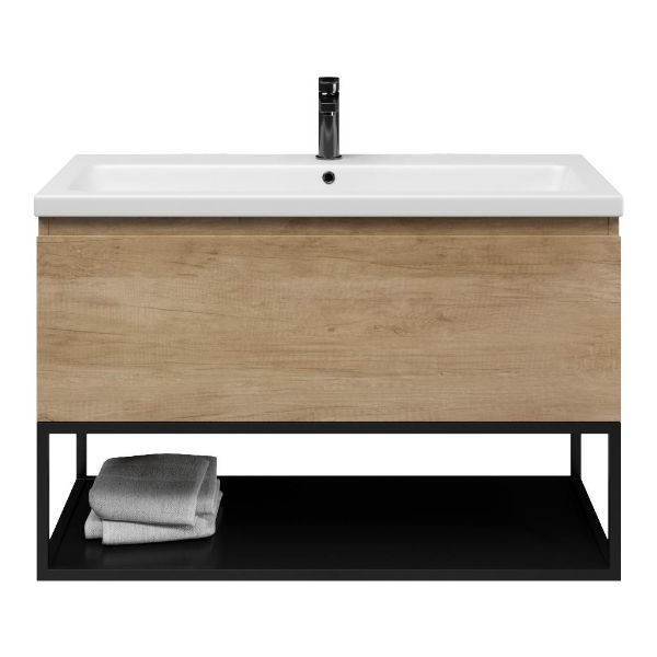 Bellanti Solo/Tela/Amelia badmeubel 100x46 1 softclose lade olm greeploos keramische wastafel wit mat met 1 kraangat met mat zwart metalen frame