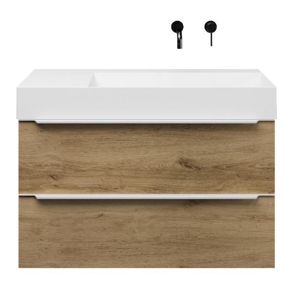 Bellanti Lucilla/Azzurra badmeubel 100x46 2 softclose laden warm eiken met greep naar keuze keramische wastafel rechts wit zonder kraangaten
