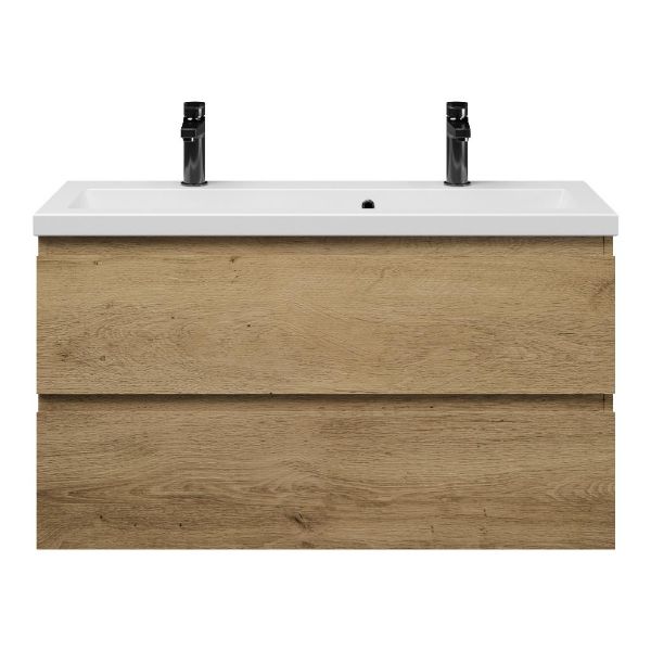 Bellanti Secca/Amelia ondiep badmeubel 100x36 2 softclose laden warm eiken greeploos keramische wastafel mat wit met 2 kraangaten