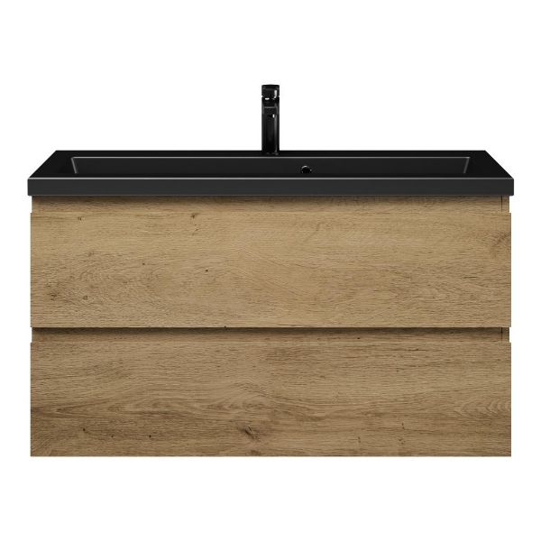 Bellanti Secca/Amelia ondiep badmeubel 100x36 2 softclose laden warm eiken greeploos keramische wastafel mat zwart met 1 kraangaten