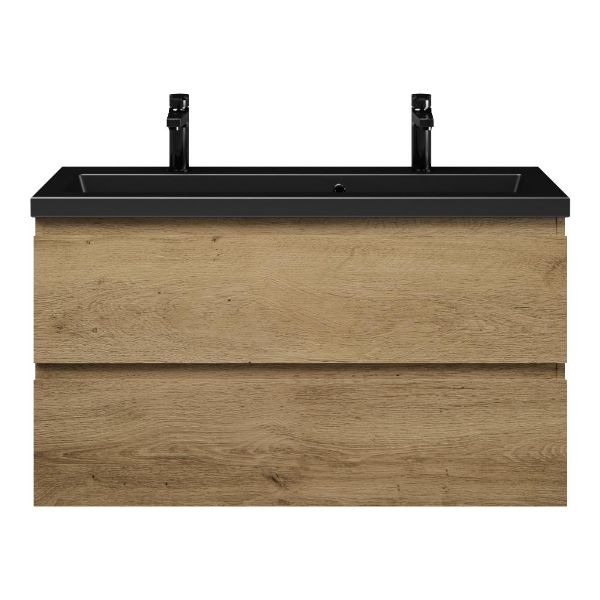Bellanti Secca/Amelia ondiep badmeubel 100x36 2 softclose laden warm eiken greeploos keramische wastafel mat zwart met 2 kraangaten