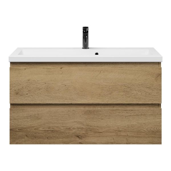 Bellanti Secca/Amelia ondiep badmeubel 100x36 2 softclose laden warm eiken greeploos keramische wastafel wit met 1 kraangat
