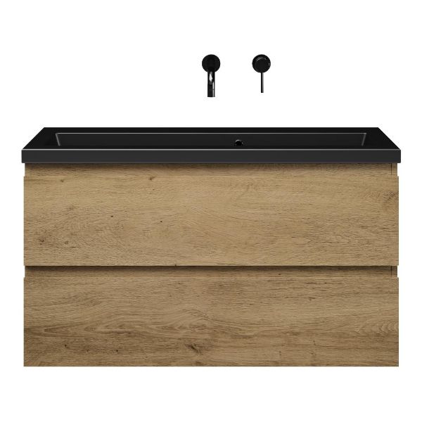Bellanti Secca/Amelia ondiep badmeubel 100x36 2 softclose laden warm eiken greeploos keramische wastafel mat zwart zonder kraangaten
