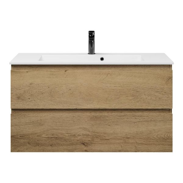 Bellanti Secca/Compact ondiep badmeubel 100x36 2 softclose laden warm eiken greeploos keramische wastafel wit met 1 kraangat