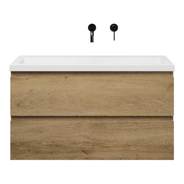 Bellanti Secca/Esta ondiep badmeubel 100x36 2 softclose laden warm eiken greeploos polystone wastafel wit zonder kraangaten