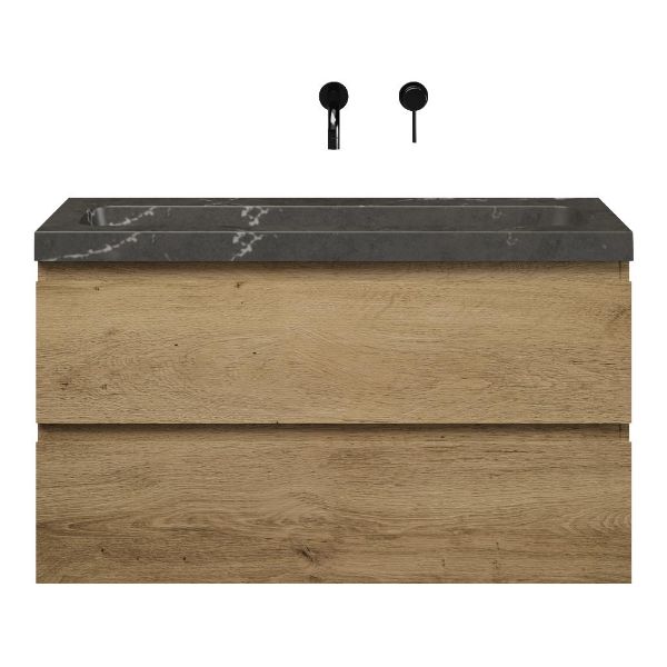 Bellanti Secca/Stone ondiep badmeubel 100x36 2 softclose laden warm eiken greeploos natuurstenen wastafel bluestone met 0 kraangaten