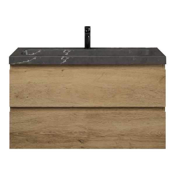 Bellanti Secca/Stone ondiep badmeubel 100x36 2 softclose laden warm eiken greeploos natuurstenen wastafel bluestone met 1 kraangat
