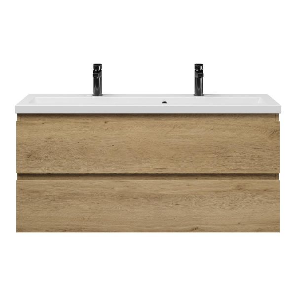 Bellanti Secca/Amelia ondiep badmeubel 120x36 2 softclose laden warm eiken greeploos keramische wastafel mat wit met 2 kraangaten