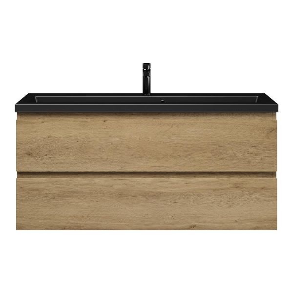 Bellanti Secca/Amelia ondiep badmeubel 120x36 2 softclose laden warm eiken greeploos keramische wastafel mat zwart met 1 kraangat