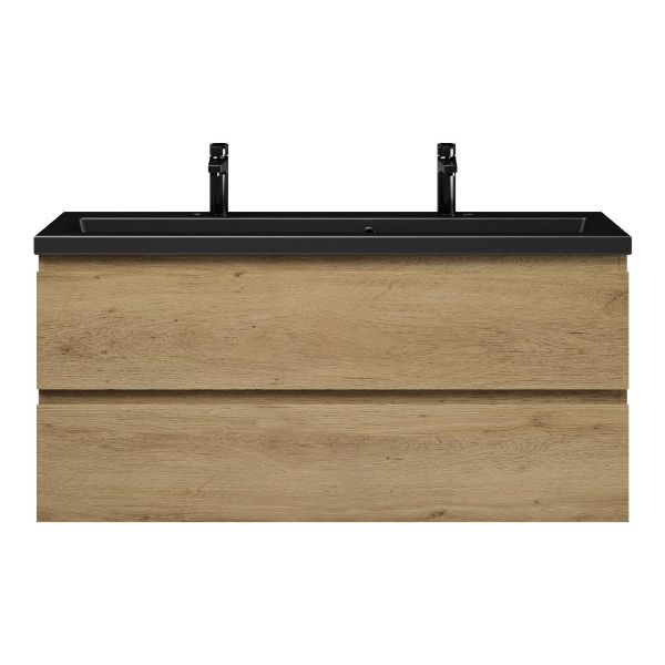 Bellanti Secca/Amelia ondiep badmeubel 120x36 2 softclose laden warm eiken greeploos keramische wastafel mat zwart met 2 kraangaten