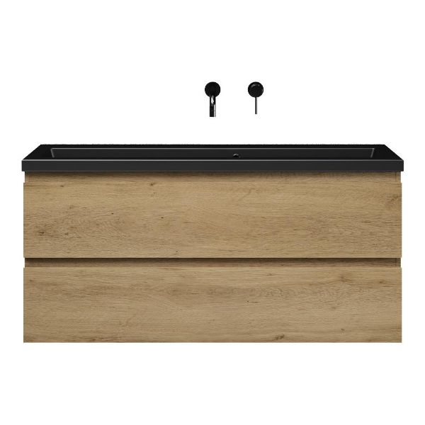 Bellanti Secca/Amelia ondiep badmeubel 120x36 2 softclose laden warm eiken greeploos keramische wastafel mat zwart zonder kraangaten
