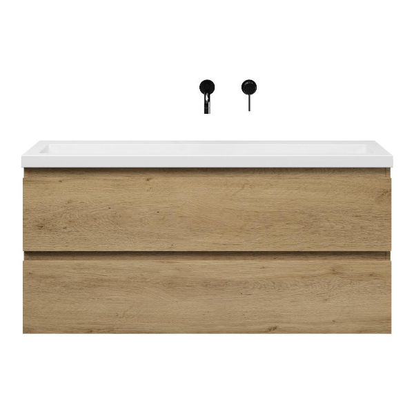 Bellanti Secca/Esta ondiep badmeubel 120x36 2 softclose laden warm eiken greeploos polystone wastafel wit zonder kraangaten