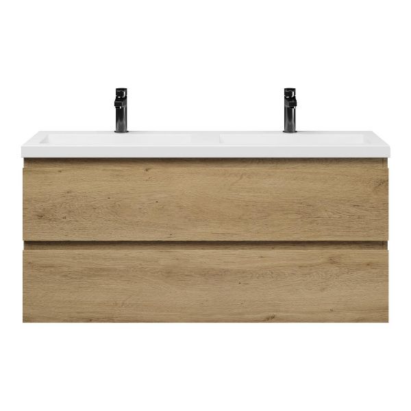 Bellanti Secca/Esta ondiep badmeubel 120x36 2 softclose laden warm eiken greeploos polystone wastafel dubbel wit met 2 kraangaten
