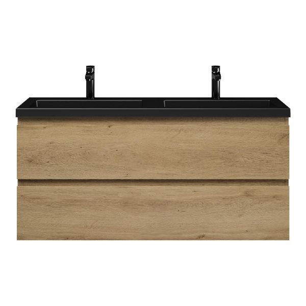 Bellanti Secca/Esta ondiep badmeubel 120x36 2 softclose laden warm eiken greeploos polystone wastafel dubbel mat zwart met 2 kraangaten