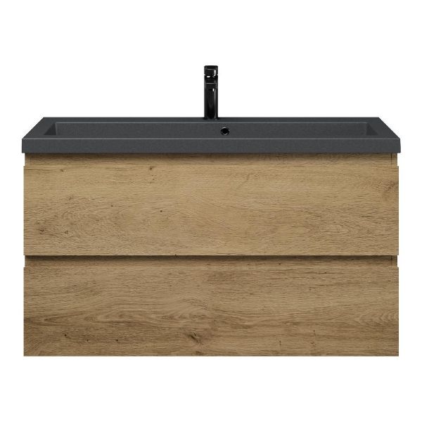 Bellanti Secca/Esta-Q ondiep badmeubel 100x36 2 softclose laden warm eiken greeploos met quartz wastafel mat grijs met 1 kraangat met overloop
