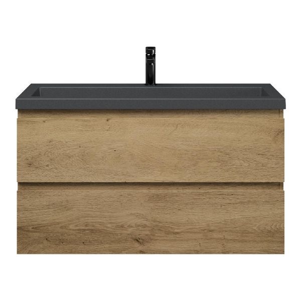 Bellanti Secca/Esta-Q ondiep badmeubel 100x36 2 softclose laden warm eiken greeploos met quartz wastafel mat grijs met 1 kraangat zonder overloop