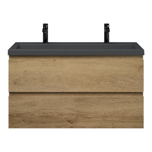 Bellanti Secca/Esta-Q ondiep badmeubel 100x36 2 softclose laden warm eiken greeploos met quartz wastafel mat grijs met 2 kraangaten zonder overloop