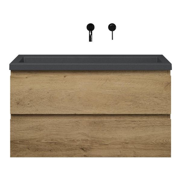 Bellanti Secca/Esta-Q ondiep badmeubel 100x36 2 softclose laden warm eiken greeploos met quartz wastafel mat grijs zonder kraangat zonder overloop