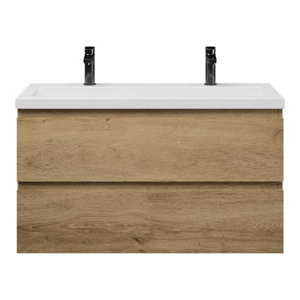 Bellanti Secca/Esta-Q ondiep badmeubel 100x36 2 softclose laden warm eiken greeploos met quartz wastafel mat wit met 2 kraangaten zonder overloop