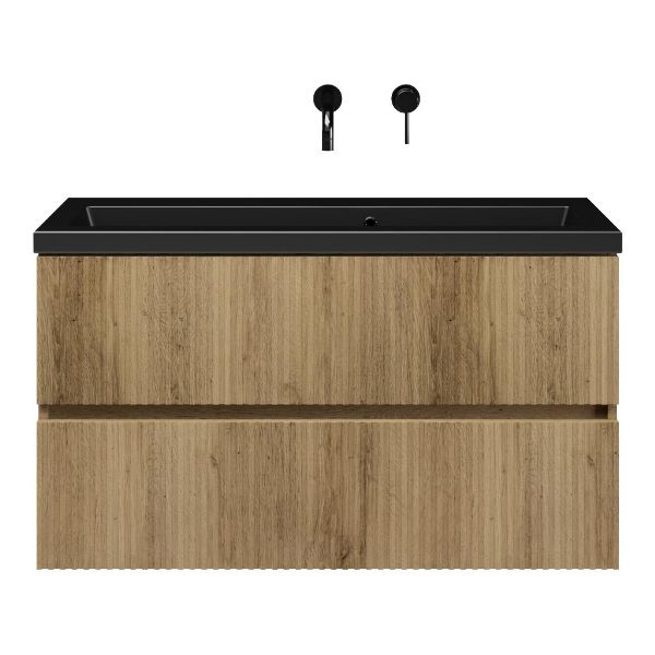 Bellanti Mezzo/Amelia ondiep badmeubel 100x36 2 softclose laden met ribbel - latjes structuur warm eiken greeploos keramische wastafel mat zwart zonder kraangaten