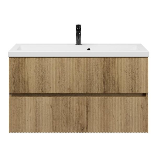 Bellanti Mezzo/Amelia ondiep badmeubel 100x36 2 softclose laden met ribbel - latjes structuur warm eiken greeploos keramische wastafel wit met 1 kraangat