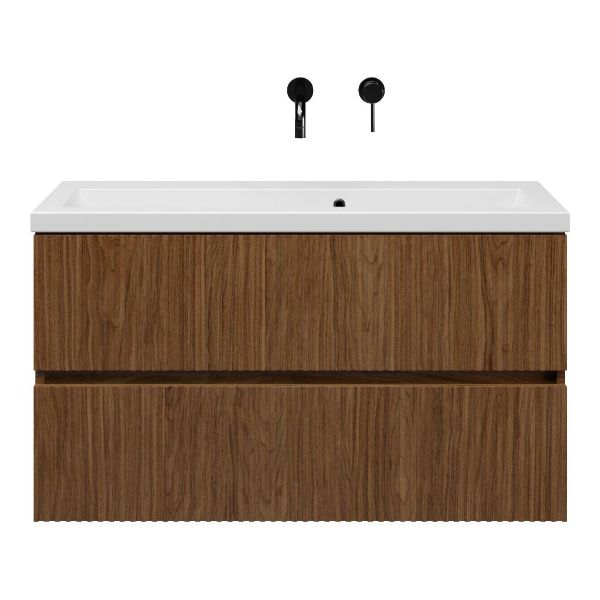 Bellanti Mezzo/Amelia ondiep badmeubel 100x36 2 softclose laden met ribbel - latjes structuur warm noten greeploos keramische wastafel mat wit zonder kraangaten