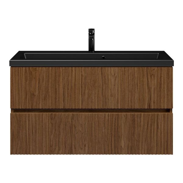 Bellanti Mezzo/Amelia ondiep badmeubel 100x36 2 softclose laden met ribbel - latjes structuur warm noten greeploos keramische wastafel mat zwart met 1 kraangaten