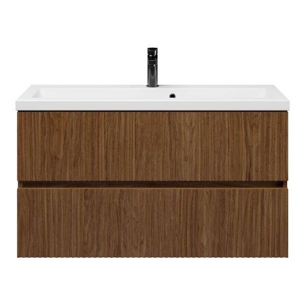 Bellanti Mezzo/Amelia ondiep badmeubel 100x36 2 softclose laden met ribbel - latjes structuur warm noten greeploos keramische wastafel wit met 1 kraangat