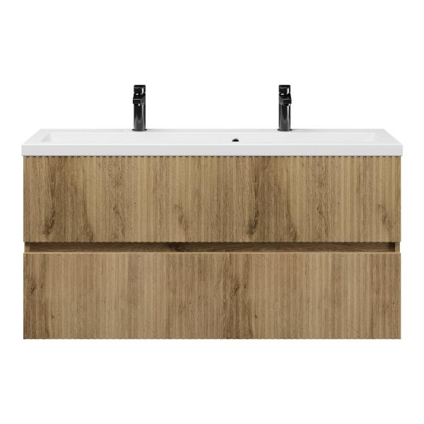 Bellanti Mezzo/Amelia ondiep badmeubel 120x36 2 softclose laden met ribbel - latjes structuur warm eiken greeploos keramische wastafel wit met 2 kraangaten