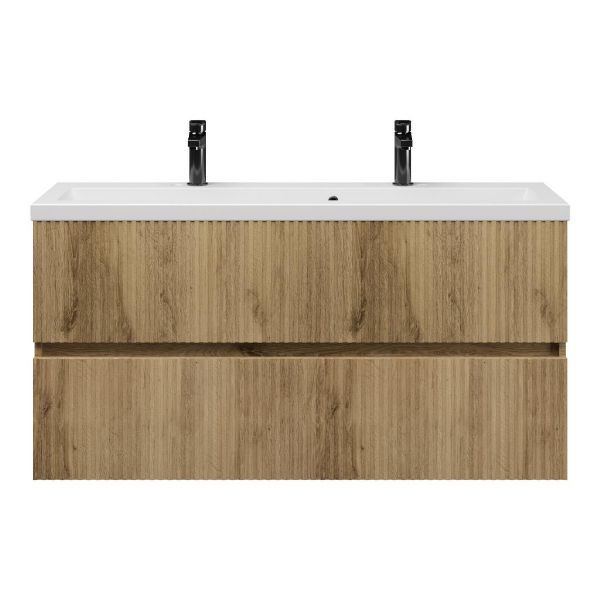Bellanti Mezzo/Amelia ondiep badmeubel 120x36 2 softclose laden met ribbel - latjes structuur warm eiken greeploos keramische wastafel mat wit met 2 kraangaten