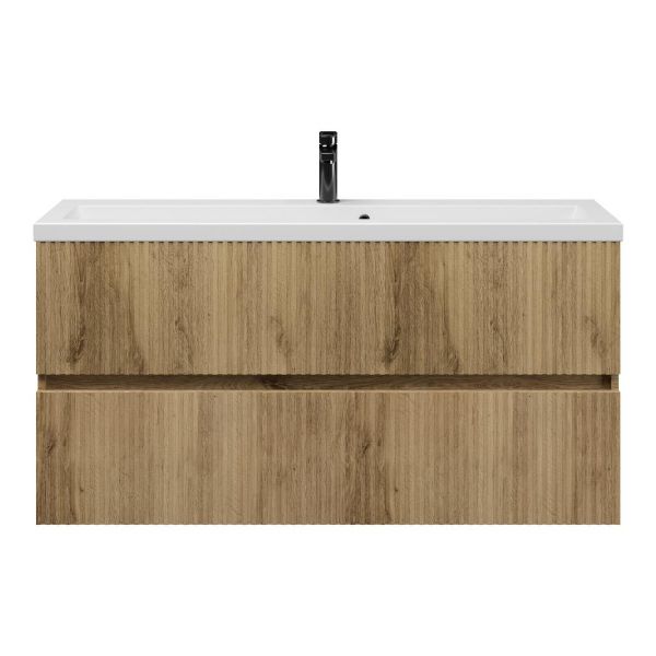 Bellanti Mezzo/Amelia ondiep badmeubel 120x36 2 softclose laden met ribbel - latjes structuur warm eiken greeploos keramische wastafel mat wit met 1 kraangat
