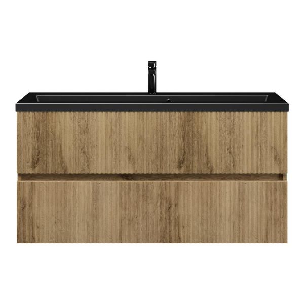 Bellanti Mezzo/Amelia ondiep badmeubel 120x36 2 softclose laden met ribbel - latjes structuur warm eiken greeploos keramische wastafel mat zwart met 1 kraangat