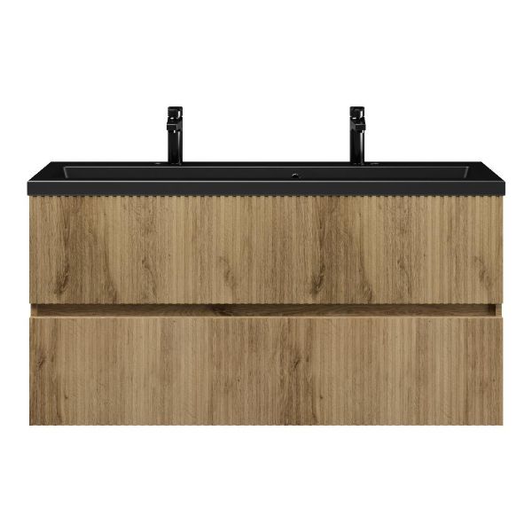 Bellanti Mezzo/Amelia ondiep badmeubel 120x36 2 softclose laden met ribbel - latjes structuur warm eiken greeploos keramische wastafel mat zwart met 2 kraangaten