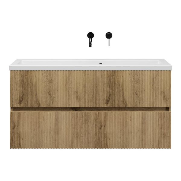 Bellanti Mezzo/Amelia ondiep badmeubel 120x36 2 softclose laden met ribbel - latjes structuur warm eiken greeploos keramische wastafel mat wit zonder kraangaten